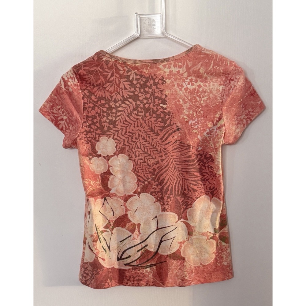 Vintage Y2K Oneworld Peach Coral Floral Rhinestone Scoop Neck Top Women's Small - Picture 2 of 7